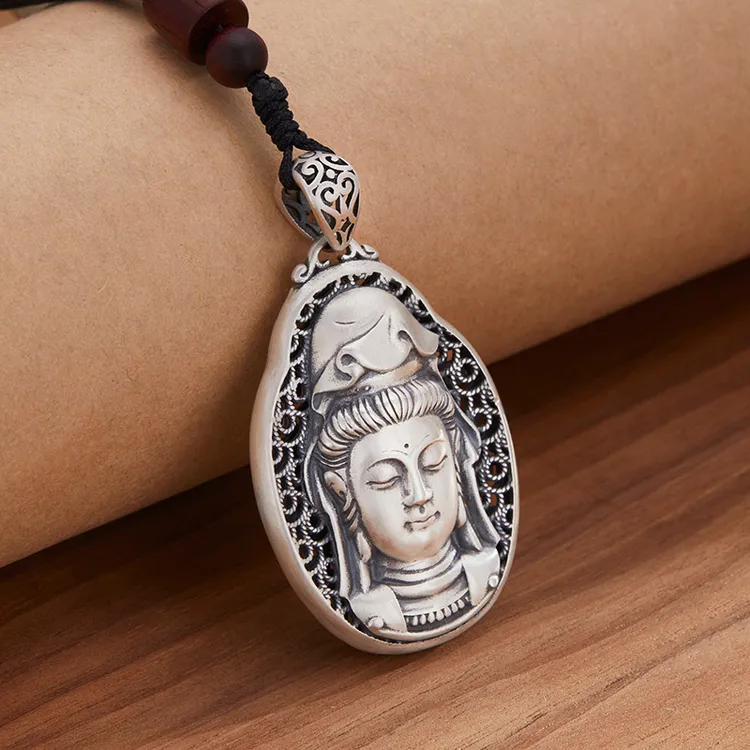 吊坠足银 观音佛牌手工复古花丝素款古法挂坠男士项链民族风配饰