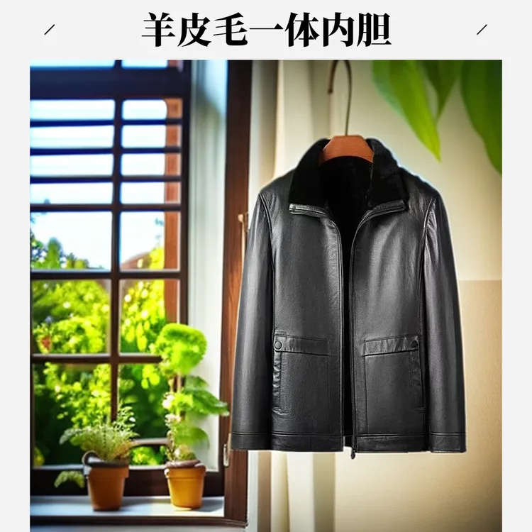 皮衣翻领保暖男立翻领直下摆修身型纯色中长款冬季爸爸羊皮毛一体