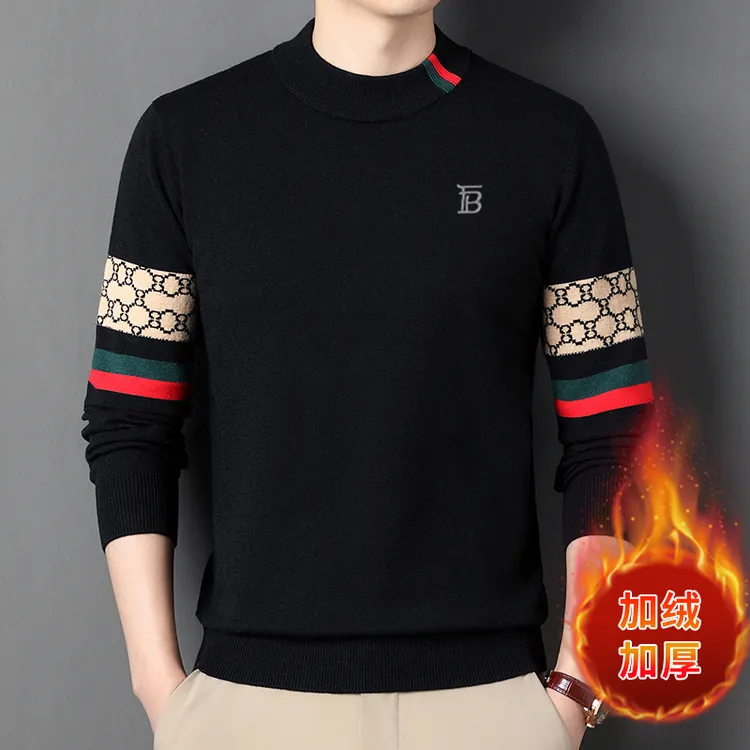 【专柜正品】欧洲轻奢大牌纯羊毛加绒羊毛衫男款冬季时尚圆领上衣男
