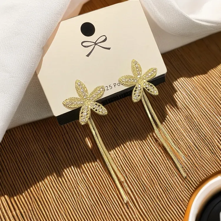 925银针耳饰 镶钻瓣花耳钉网红个性长款流苏耳环一气质轻奢