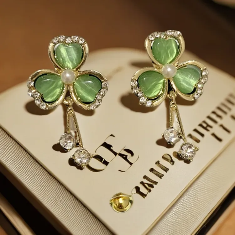 925银针耳饰 针绿色三叶幸运草耳钉女高级感猫猫石气质轻奢百搭