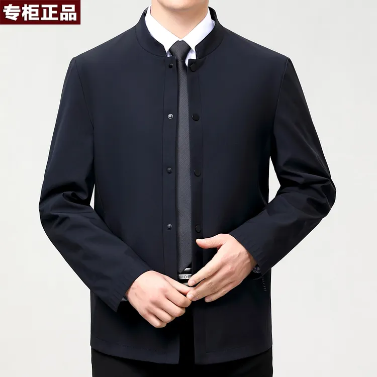 保罗春秋季休闲夹克外套男士款立领中年薄款高档纯色单排扣上衣男