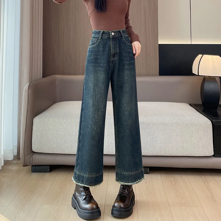 高腰加绒加厚牛仔裤女秋冬季直筒宽松显瘦复古小个子九分阔腿裤子