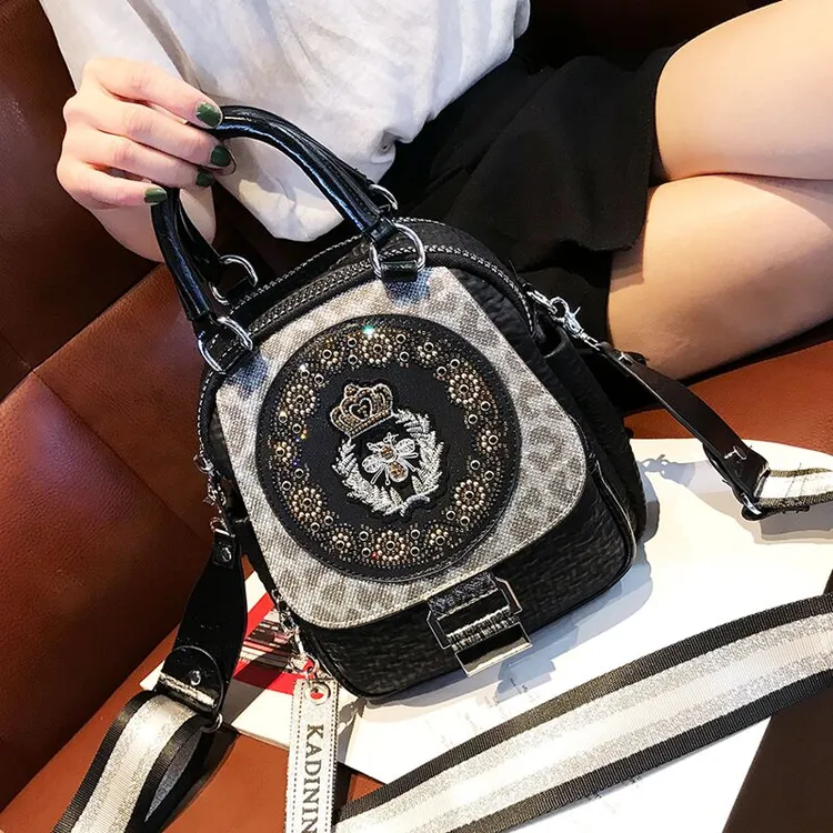 新款时尚烫钻真皮双肩包女包2025超火多功能高级感百搭背包单肩包