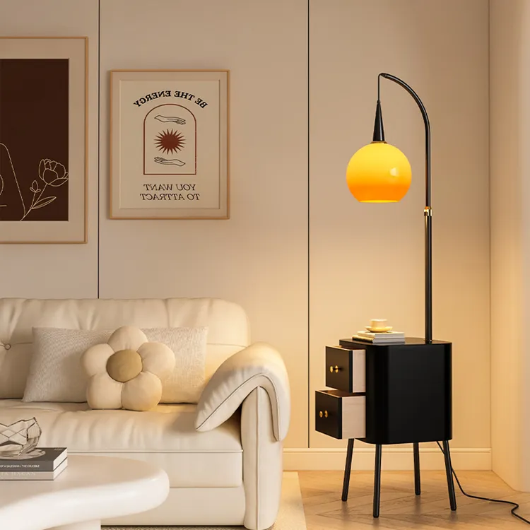 奶油风落地灯氛围感卧室床头柜台灯一体客厅沙发装饰置物架立式灯