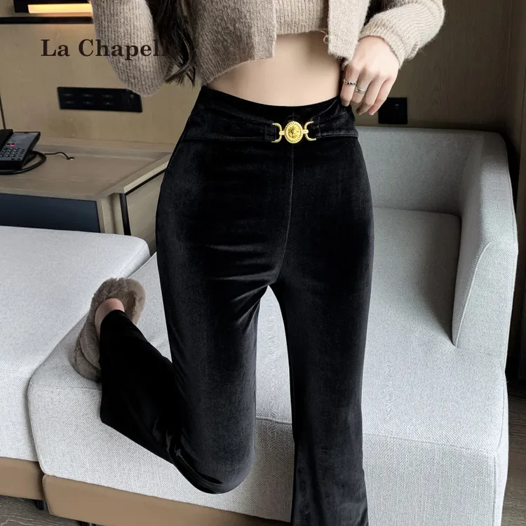拉夏贝尔黑色丝绒微喇叭裤子秋冬设计感高腰弹力修身休闲拖地裤女