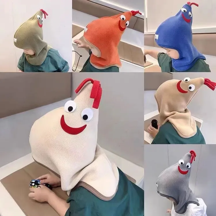 新款可爱公鸡帽男女儿童宝宝刺绣德绒保暖头套围巾一体帽24秋冬款