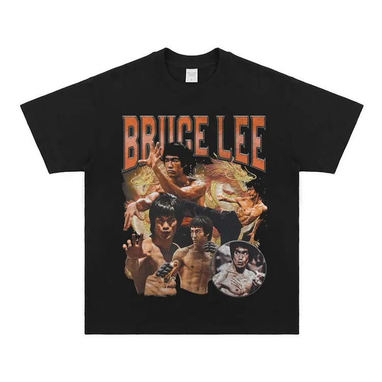致敬李小龙BruceLee美式宽松夏季复古做旧长短袖重磅纯棉T恤男