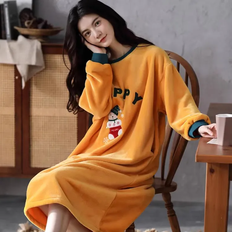 秋冬珊瑚绒睡裙女冬季长款保暖睡衣2023新款加绒加厚法兰绒家居服