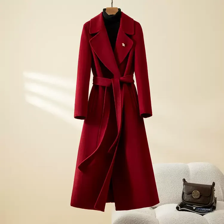 双面羊绒大衣女中长款系腰带本命年红色结婚全羊毛呢子外套显瘦