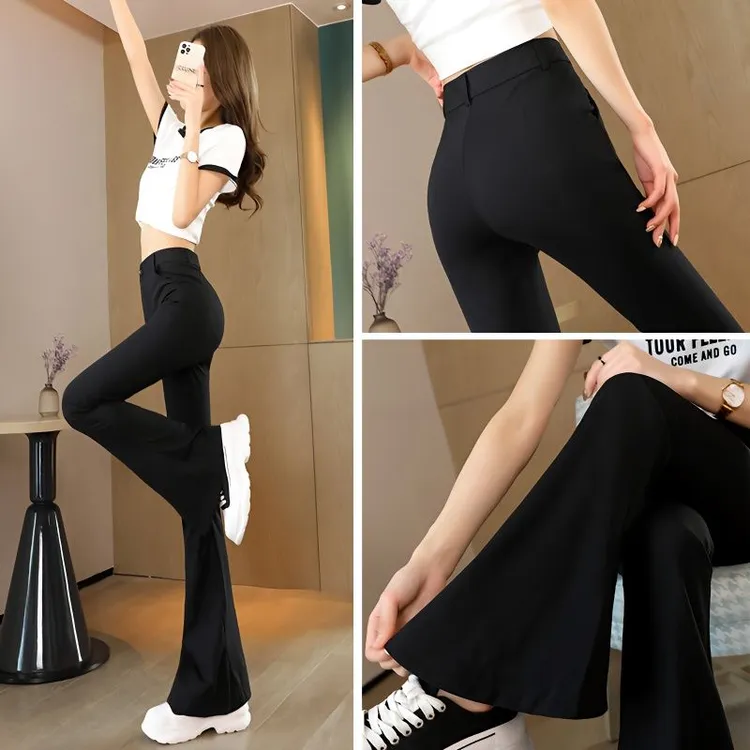 早秋新款2025黑色高腰显瘦时尚垂感弹力小个子休闲微喇叭西装裤女