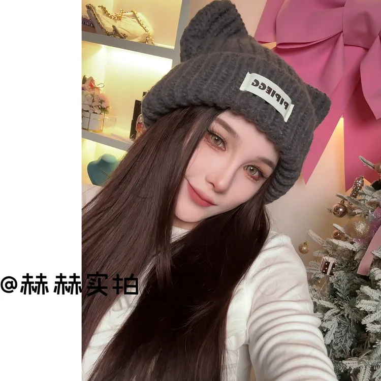 修脸可爱猫猫手工针织帽帽子网红帽子韩版包头百搭时尚韩版冷帽