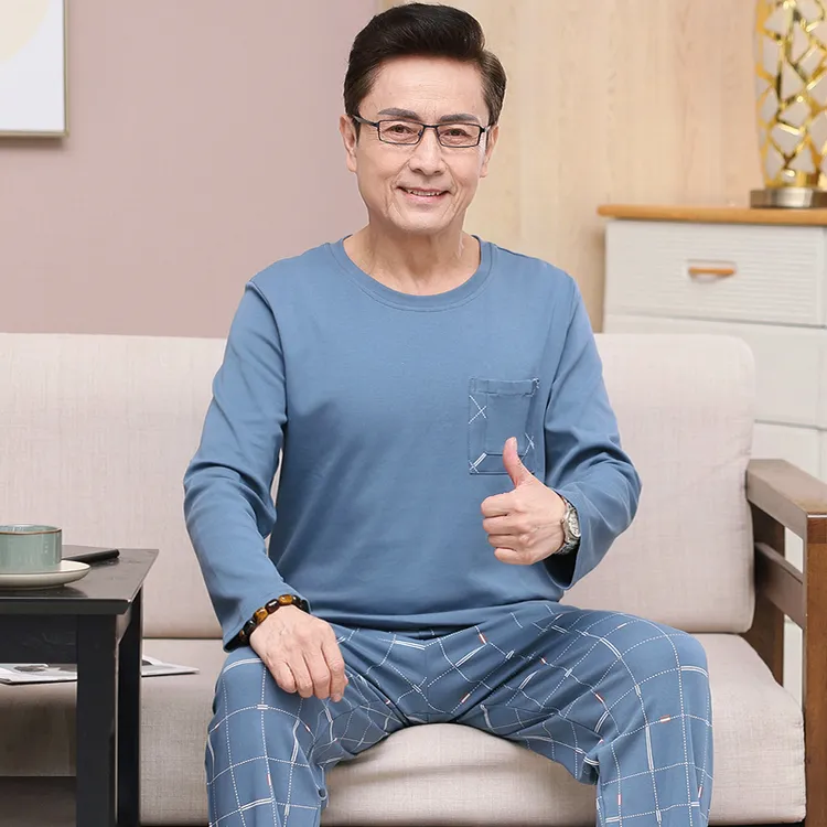 中年爸爸男士纯棉睡衣休闲宽松长袖套装春秋季新款家居服可外穿男