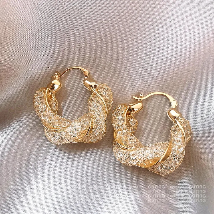 铜合金合成锆石耳饰 13670重工个性编织闪锆圆形耳环女方圆脸耳饰