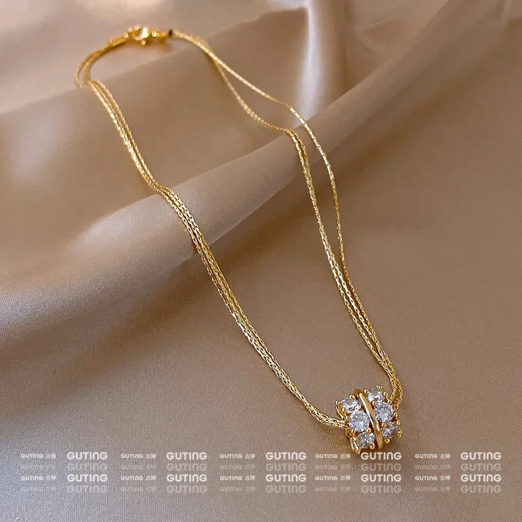 铜合金合成锆石项链 2735闪锆小蛮腰项链多层颈链大气秋冬毛衣链