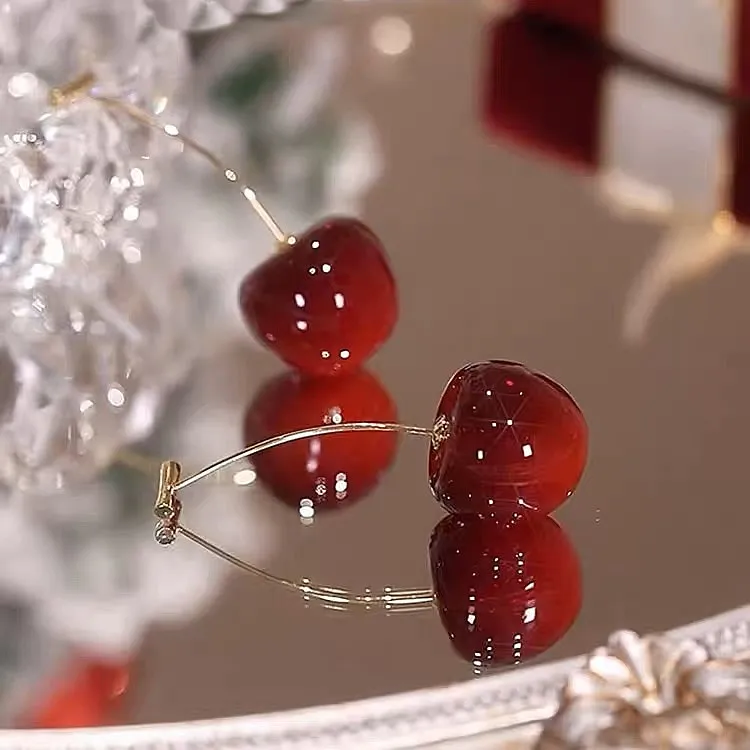 铜合金耳饰 红色樱桃耳环女超仙法式复古长款耳坠森系少女感耳饰
