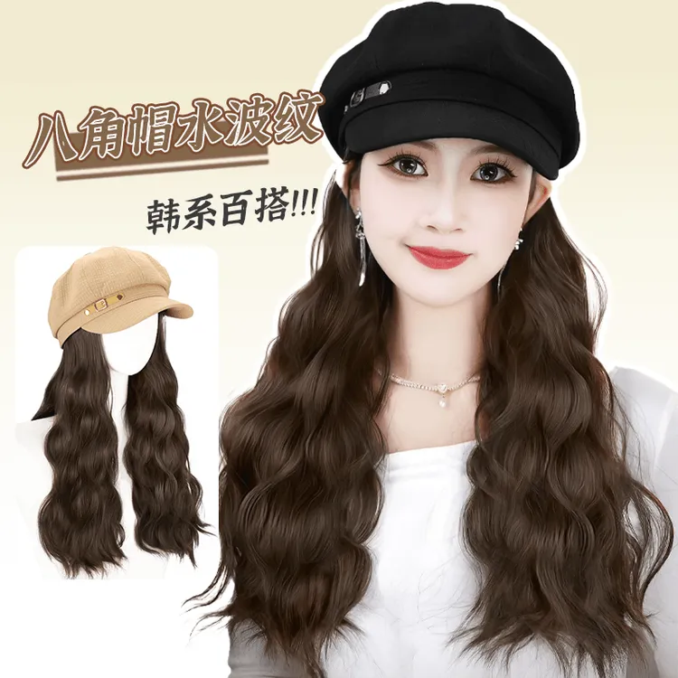 秋冬款帽子假发一体时尚八角帽女百搭洋气水波纹假发帽子自然逼真