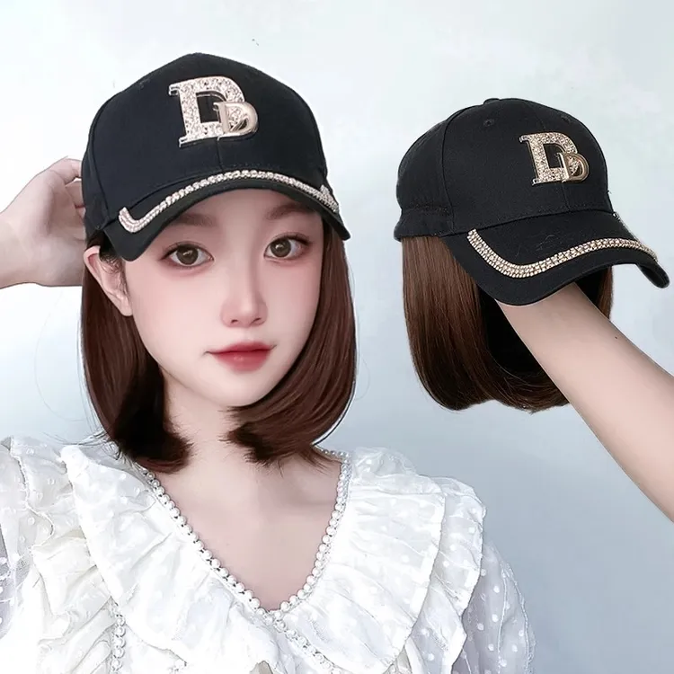 潮流女短发一体春夏女网红带头发帽百搭鸭舌帽波波头短发全头套帽