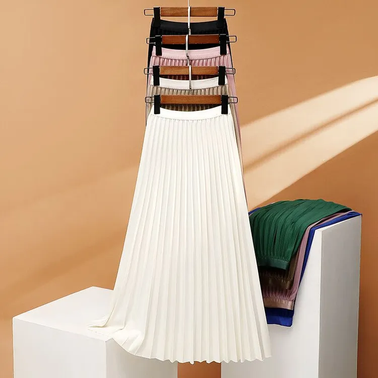 春夏百褶a字伞裙长裙春夏松紧高腰高温压褶复古显瘦中长款半身裙