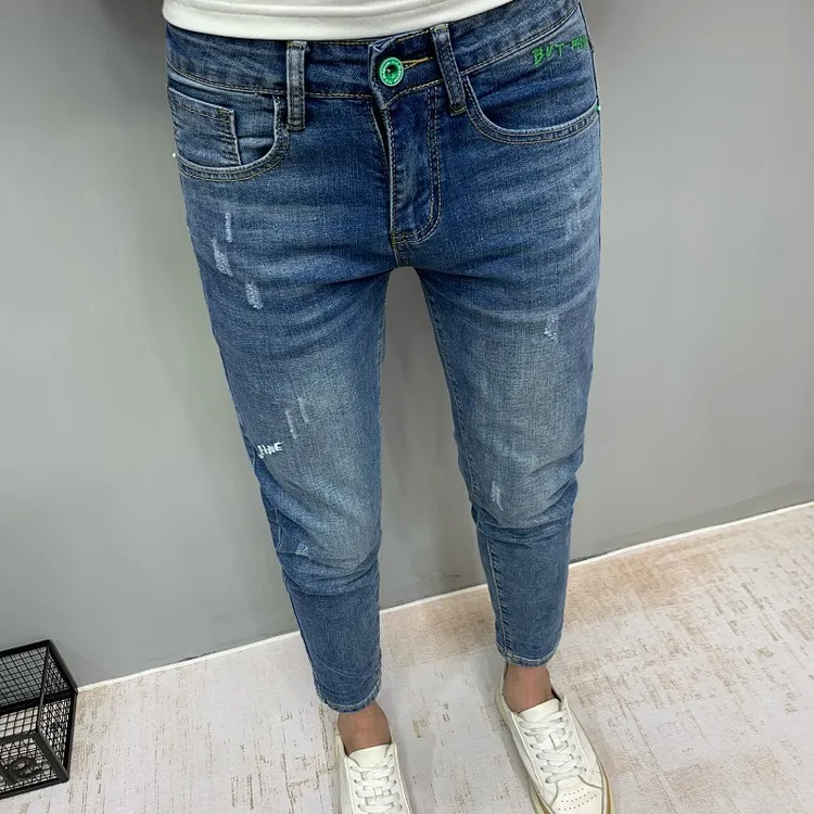 九分牛仔裤男款夏季薄款水洗蓝色修身小脚潮流百搭休闲时尚裤子男
