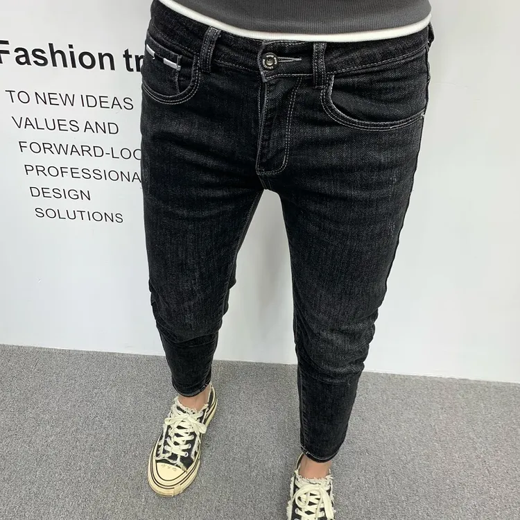 黑色九分牛仔裤男2025冬季新款加绒弹力修身小脚刺绣休闲柔软长裤