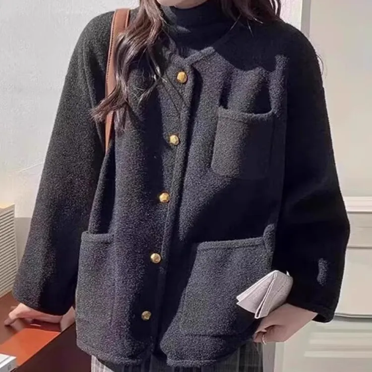 小香风简约毛呢外套女短款新款秋冬纯色宽松女士小个子呢子大衣厚