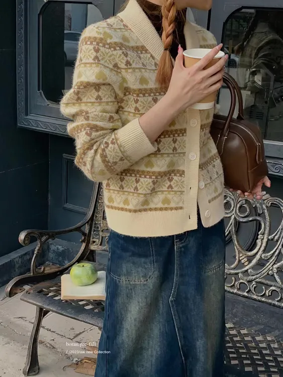 帛然法式提花格子ol长袖开衫休闲小香风时尚复古长袖秋冬圆领开衫