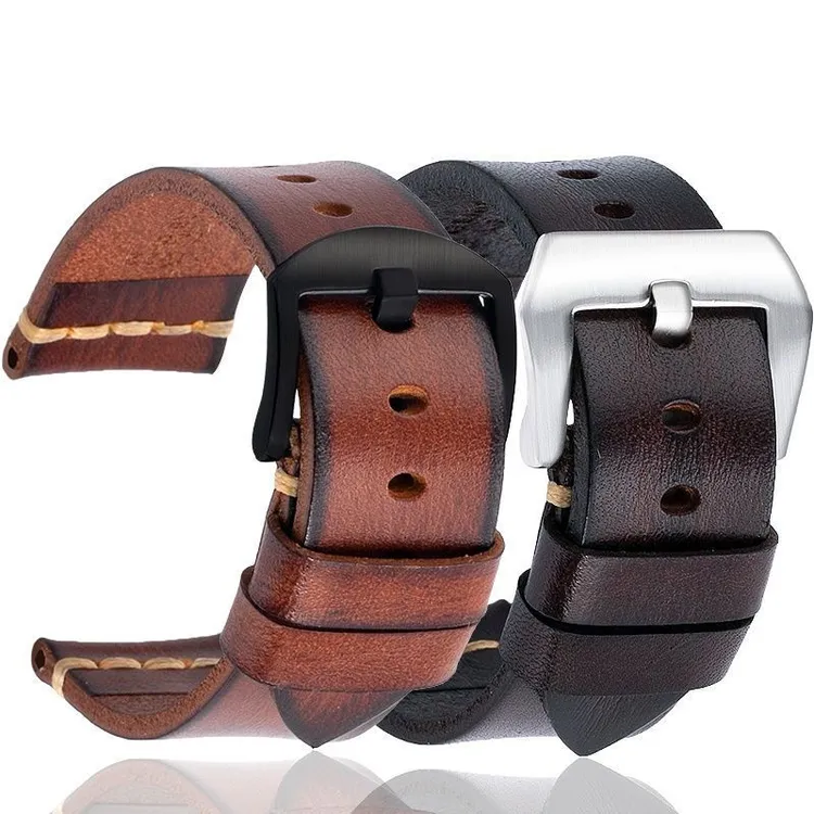 FUATTO手工头层牛皮手表带男真皮20 22 24MM适配军表男复古做旧