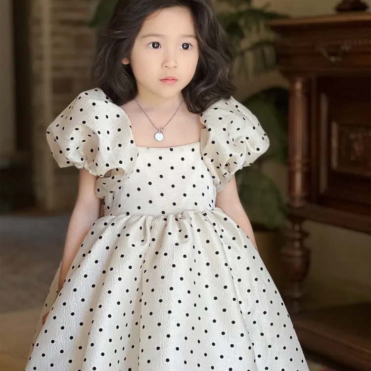 2024夏季女童泡泡袖连衣裙儿童生日六一节高级波点礼服轻薄公主裙