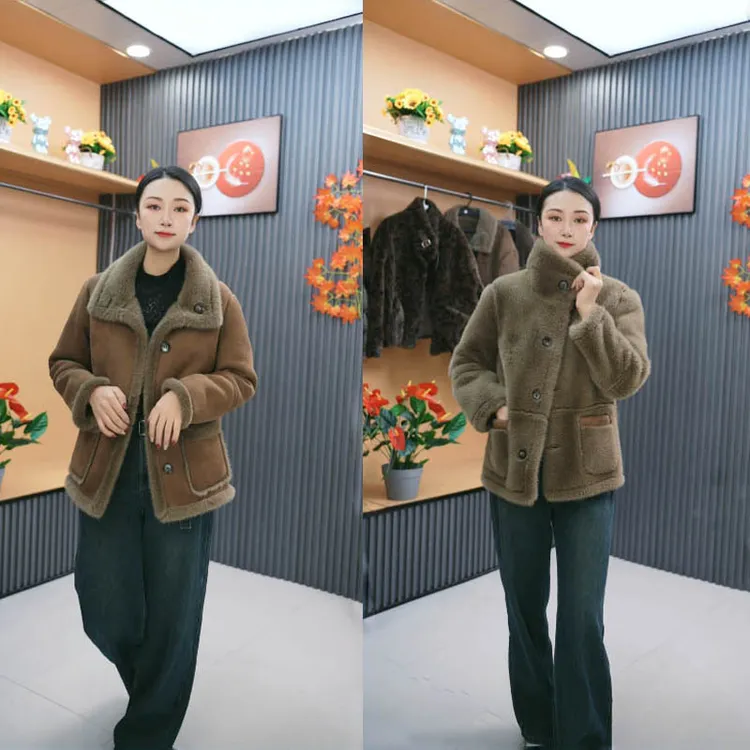 宽松型女短外套翻领上衣洋气韩版秋冬休闲保暖冬季加厚皮毛一体