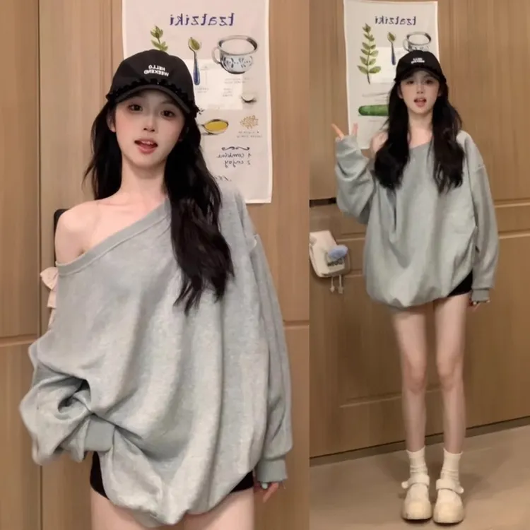 美式复古斜领露肩卫衣女春秋冬季新款慵懒风设计感一字肩长袖上衣