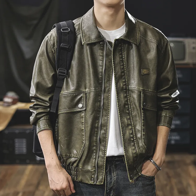 高级感复古美式PU皮衣外套男士春秋大码痞帅骑行机车工装夹克秋冬