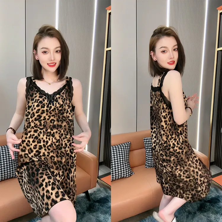 夏季薄款性感蕾丝吊带睡裙豹纹韩版宽松无袖睡衣女印花时尚家居服