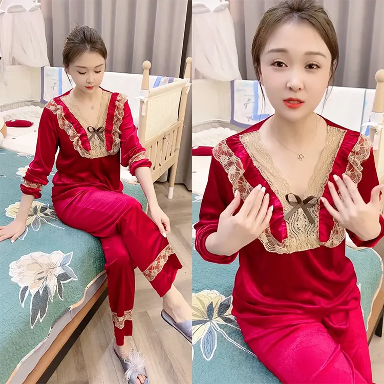 秋冬新款妈妈睡衣女士蕾丝大码长袖时尚休闲宽松金丝绒家居服套装