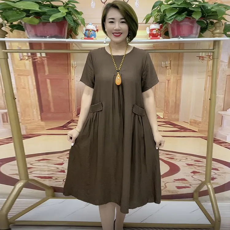 中老年高档连衣裙圆领优雅大码女装显瘦遮肚子加肥加大时尚妈妈装