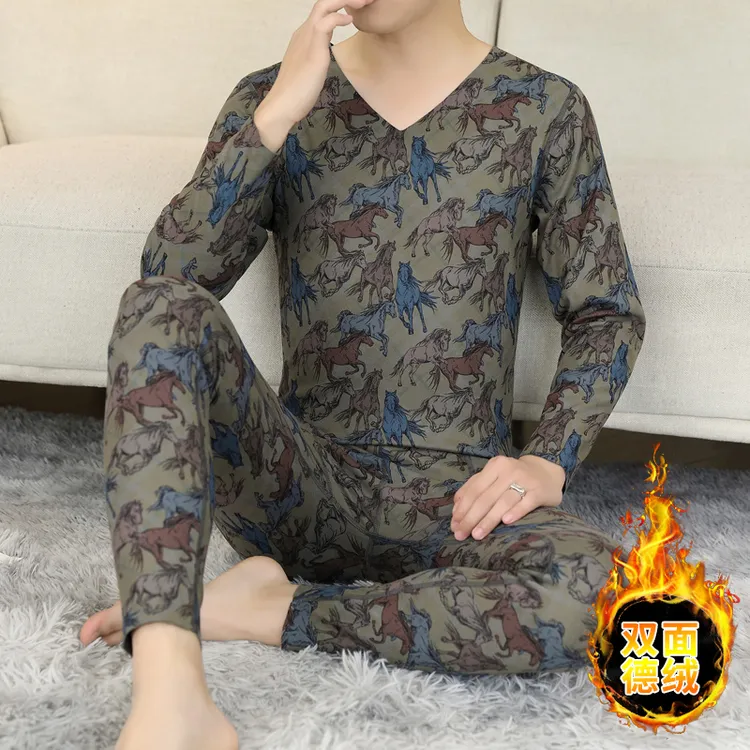 冬季双面德绒保暖内衣男士套装无痕打底衫加绒加厚款防寒秋衣秋裤