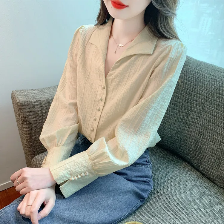 秋装新款宽松肌理感显瘦长袖别致漂亮小衫2024设计感翻领衬衫女