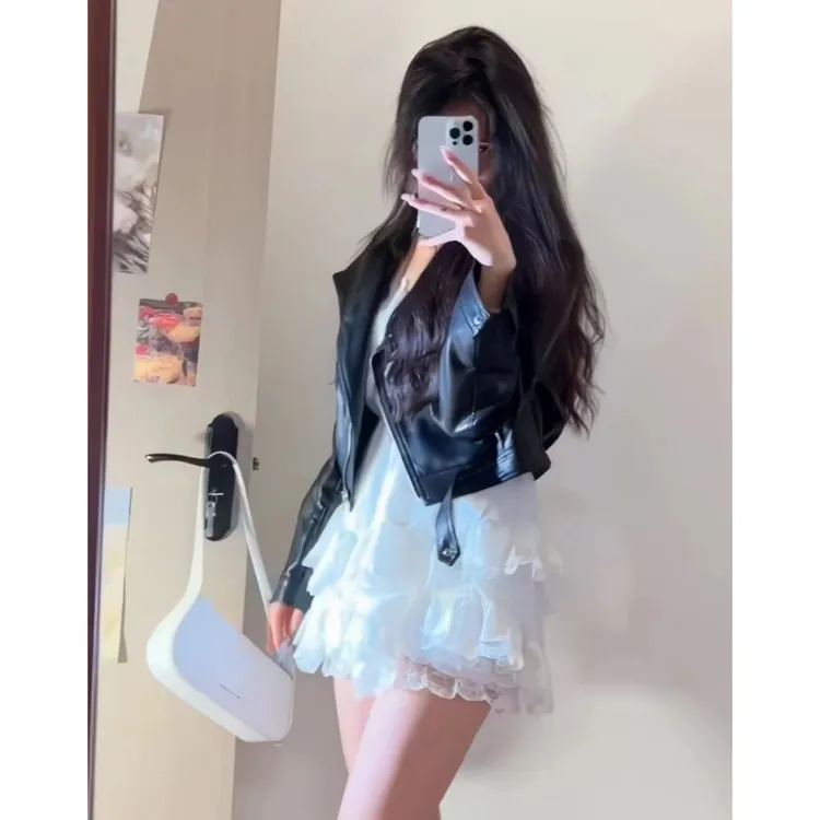 2025美式复古小个子机车秋装外套女黑皮衣套装夹克蕾丝拼接吊带裙