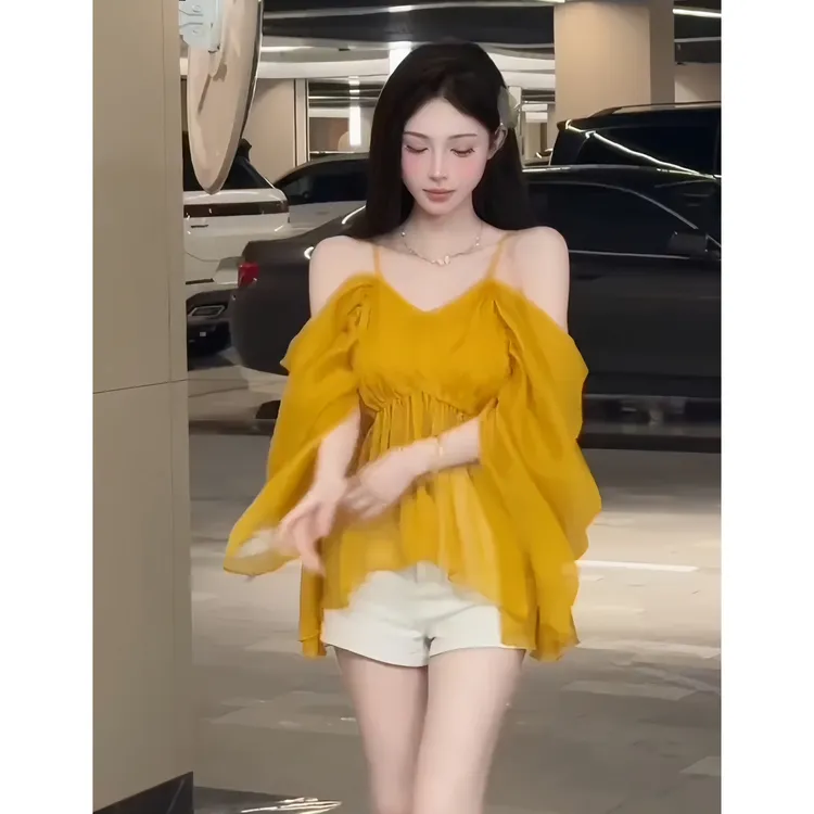 时尚纯欲小众气质新款显瘦露肩轻薄纱收腰性感长袖上衣夏季女装