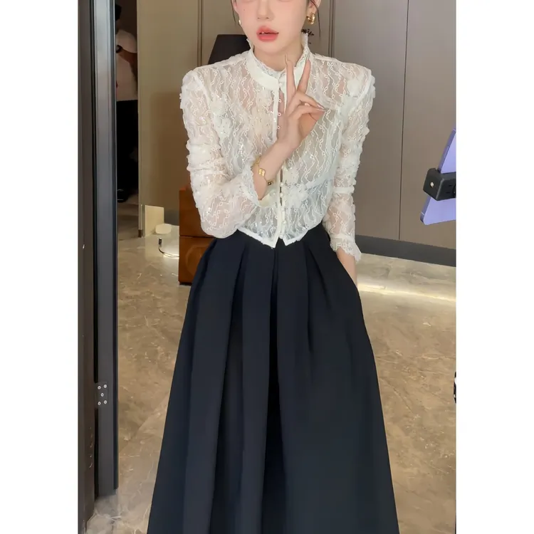 2024秋季时尚新款蕾丝绣花闪亮香槟色高级感上衣百搭半身长裙套装