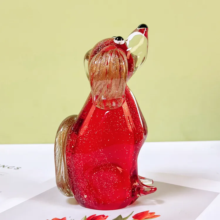 人工吹制淄博手工金粉红色琉璃狗摆件LL0074