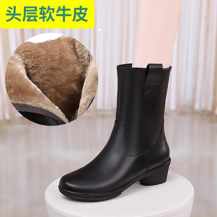 软面头层牛皮粗跟圆头中筒皮靴皮带扣时尚休闲棉靴拉链款真皮女靴