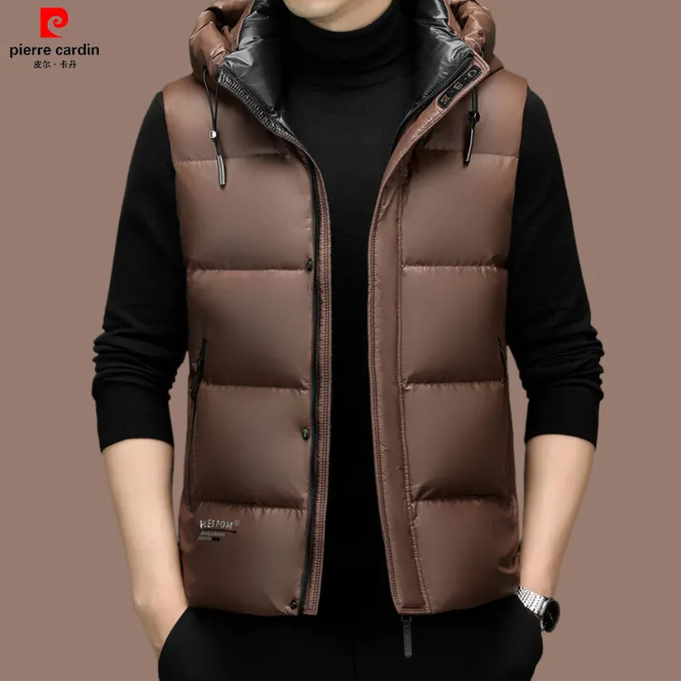 皮尔卡丹高档男士羽绒马甲时尚休闲男装外套背心坎肩白鸭绒羽绒服