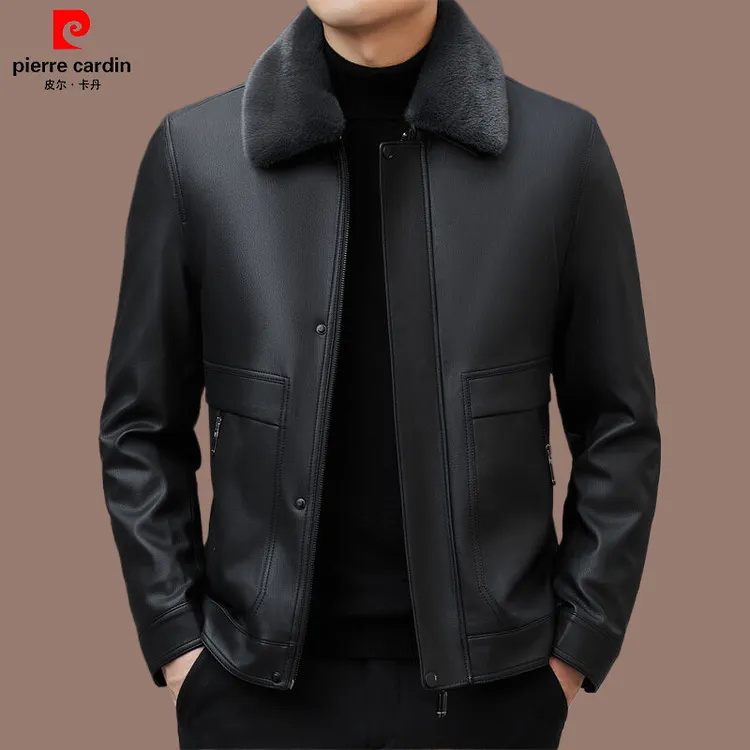皮尔卡丹可脱卸皮毛一体外套加绒男装中年高端休闲冬款皮上衣保暖