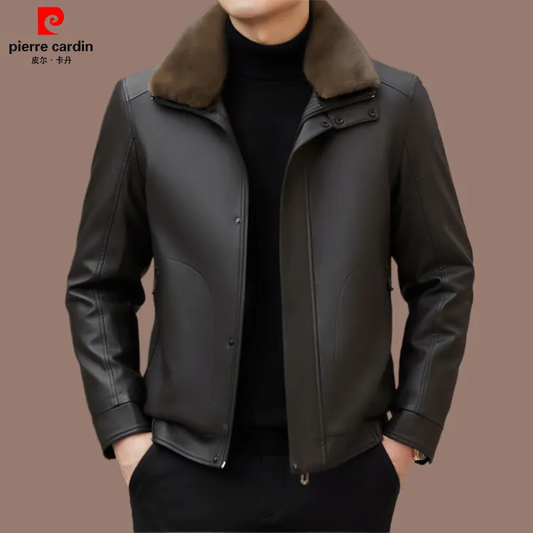 皮尔卡丹冬季高档男士皮外套加绒加厚休闲可脱卸翻领时尚皮上衣男