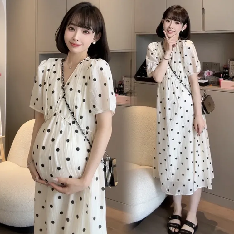 孕妇夏季新款宽松大码孕妇时尚网红波点气质显瘦优雅简约炸街连衣