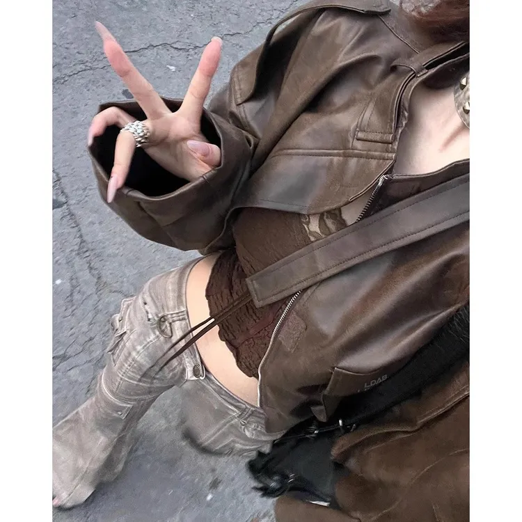 棕色短款皮衣外套女春秋2025新款美式复古港风设计感机车夹克
