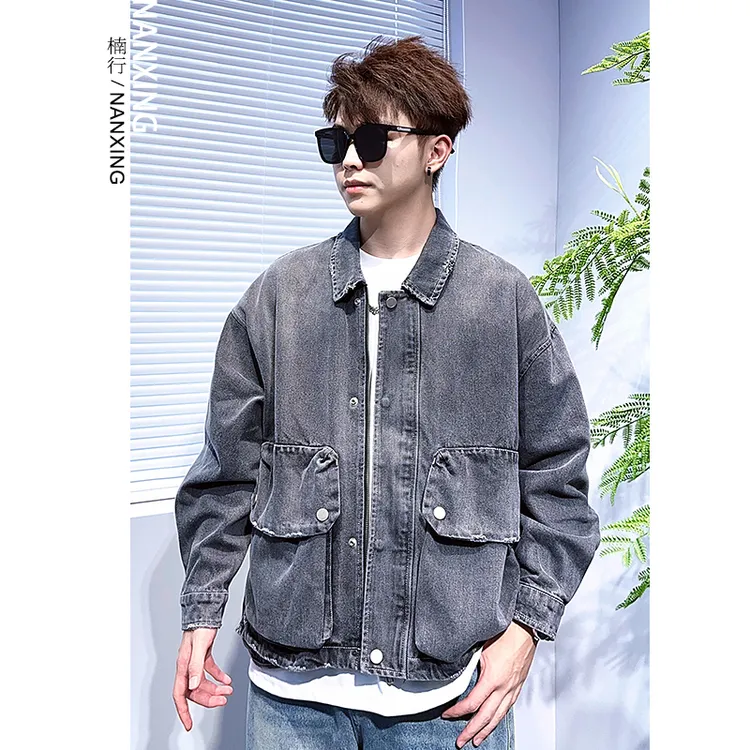 港风时尚拼接百搭宽松休闲个性工装牛仔外套秋季潮流男士翻领夹克