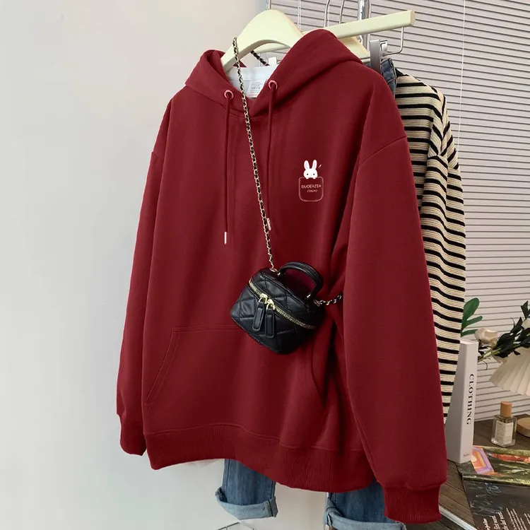 美式oversize连帽卫衣女士秋冬季加绒加厚大码胖mm设计感小众外套