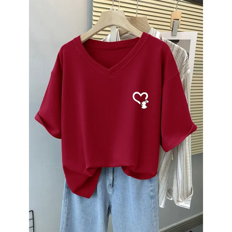 2024夏季新款短袖T恤女宽松显瘦大码纯棉半袖体恤休闲V领上衣服